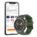 Relógio Microwear MA31 com tela circular ligada e app no celular mostrando criação de mostradores com IA