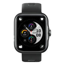 Alt: Smartwatch preto com tela AMOLED exibindo interface compatível com Strava e GPS ativo