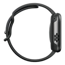 Smartwatch esportivo preto com caixa vista lateral, tela AMOLED e GPS integrado, resistente à água.