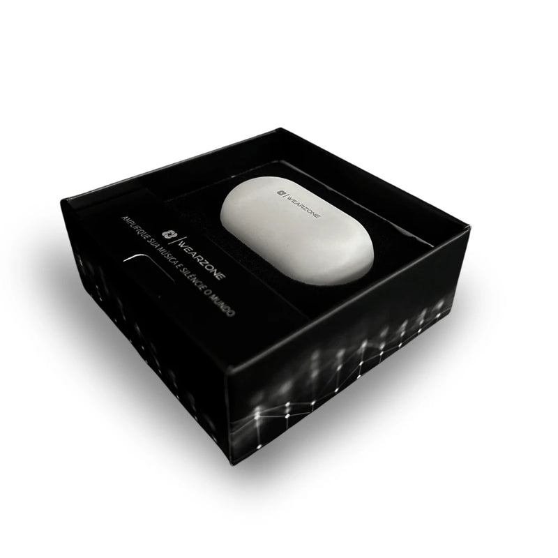 Caixa do produto Zone Buds 01 com case branco, ideal para presente