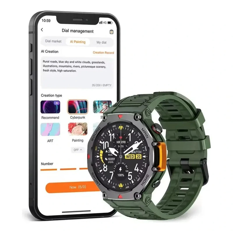 Relógio Microwear MA31 com tela circular ligada e app no celular mostrando criação de mostradores com IA