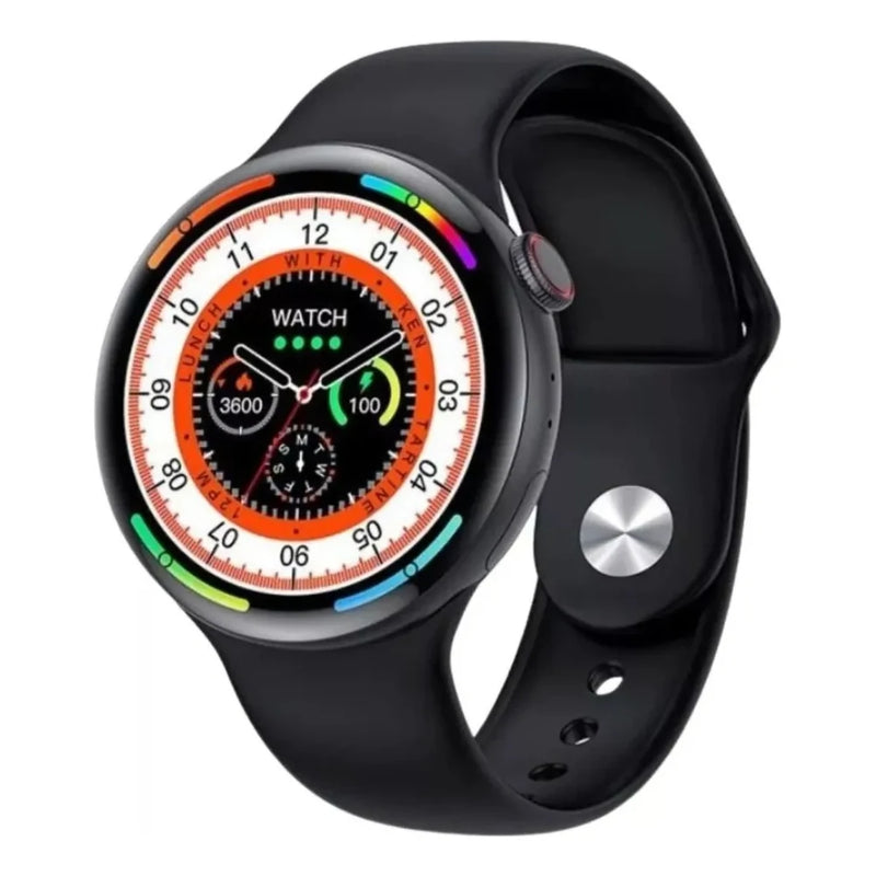 Relógio inteligente W28 PRO preto com tela redonda exibindo mostrador colorido de ponteiros e detalhes fitness