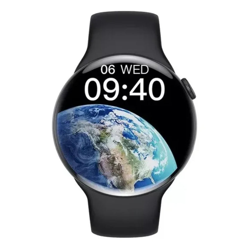 Relógio smartwatch W28 PRO com pulseira preta e mostrador redondo exibindo o planeta Terra e horário digital