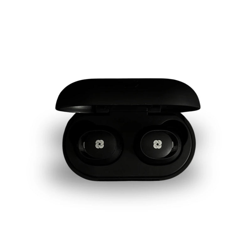 Fones de ouvido Zone Buds 01 pretos dentro do estojo de carregamento aberto