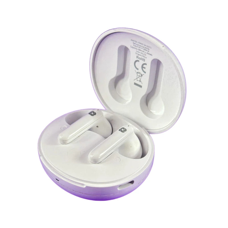Fone Bluetooth TWS WZ06 branco, estojo redondo aberto mostrando os fones com design moderno