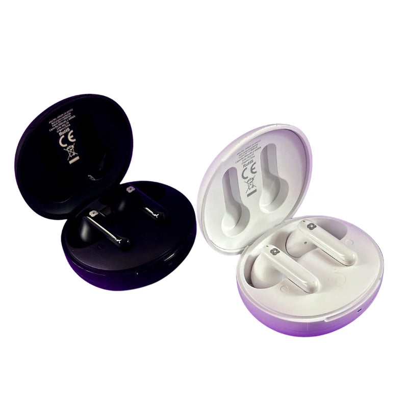 Fones de ouvido Bluetooth TWS WZ06 nas cores preto e branco, estojos abertos lado a lado