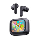 Fone de ouvido Bluetooth Wisme WT-7 na cor preta, com case inteligente estilo smartwatch com tela touch colorida