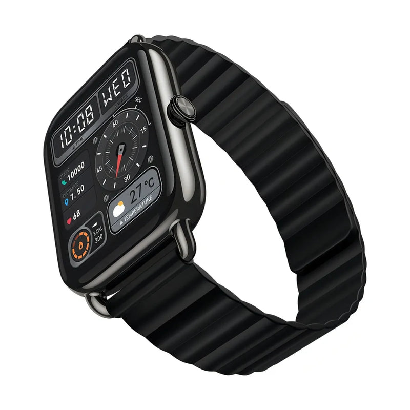 Haylou RS4 Plus smartwatch preto exibindo mostrador estilo analógico com múltiplas funções de saúde