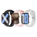 Três modelos do smartwatch Microwear W10 Mini 42mm Série 10 com tela AMOLED, nas cores preto, rosa e branco, exibindo diferentes mostradores modernos