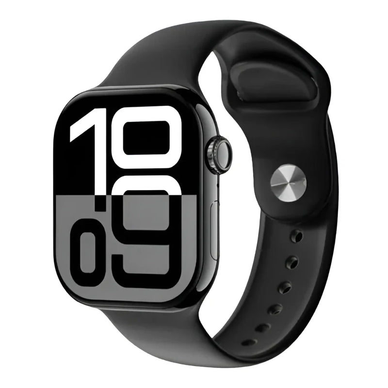 Smartwatch Microwear W10 Mini 42mm preto, tela AMOLED com mostrador grande “10:09” e pulseira de silicone