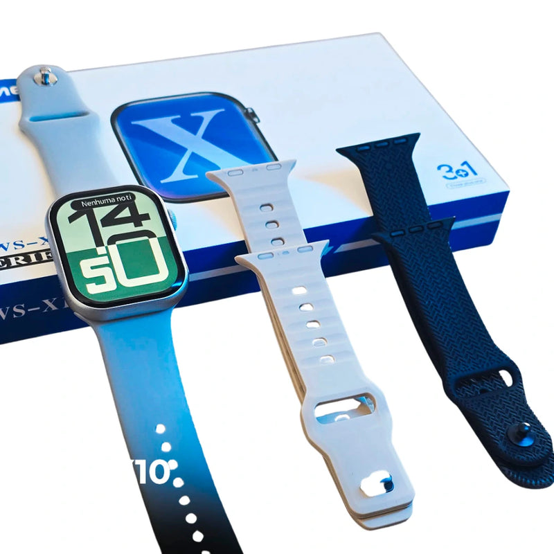 Relógio inteligente WS-X10 com tela digital e kit de pulseiras extras em diferentes cores, caixa original ao fundo