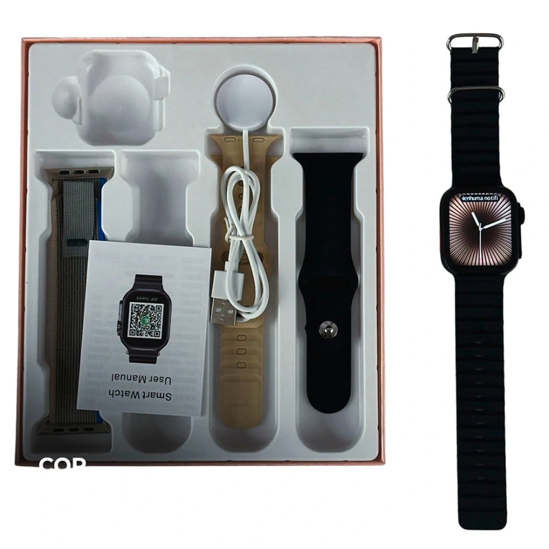 Relógio inteligente WS26 Ultra 2 Mini na cor preta, acompanhado de kit com pulseiras extras, carregador e manual de instruções