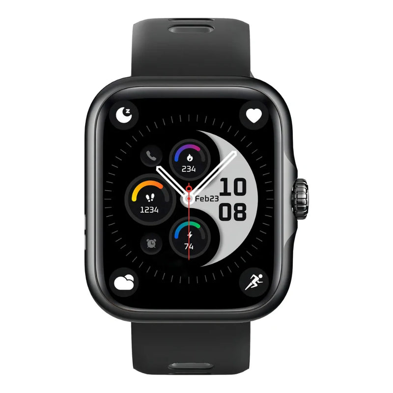Alt: Smartwatch preto com tela AMOLED exibindo interface compatível com Strava e GPS ativo