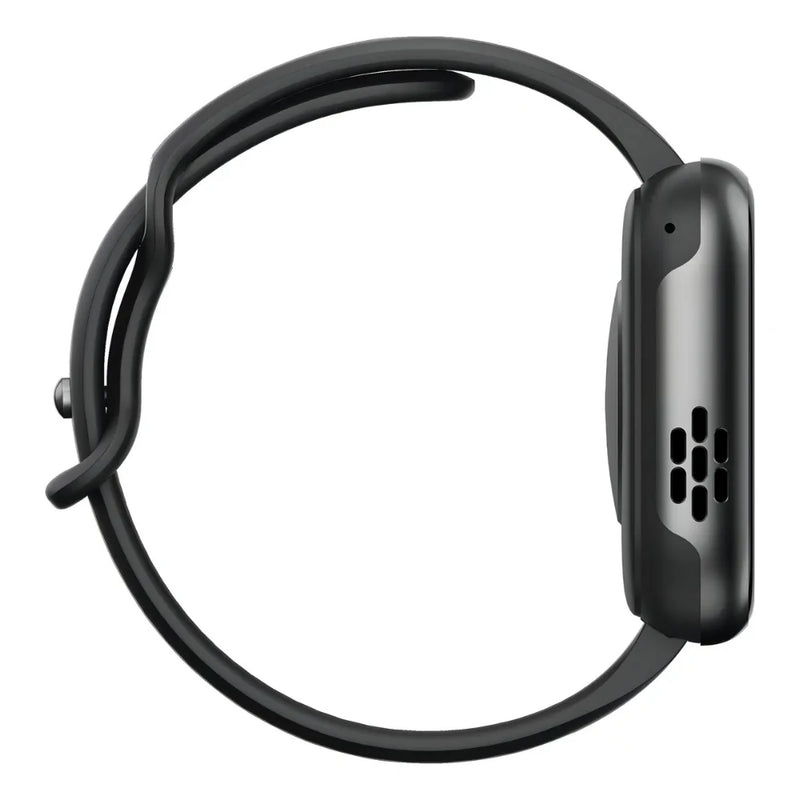 Smartwatch esportivo preto com caixa vista lateral, tela AMOLED e GPS integrado, resistente à água.