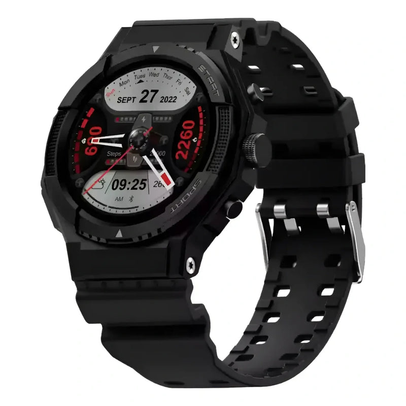 Smartwatch Fenix preto com GPS integrado, 100 modos esportivos e display digital vermelho, à prova d'água