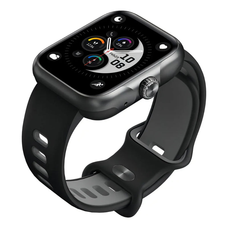 Smartwatch esportivo preto com tela AMOLED, mostrador analógico‑digital e pulseira de silicone, GPS e resistência à água