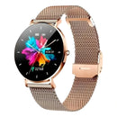 Smartwatch Royals Classic vista lateral com caixa dourada, vidro Gorilla Glass resistente e pulseira elegante feminina