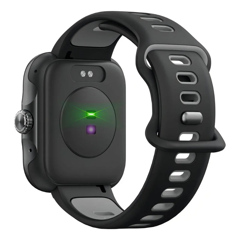 Parte traseira do smartwatch com sensores de frequência cardíaca e contatos de carregamento