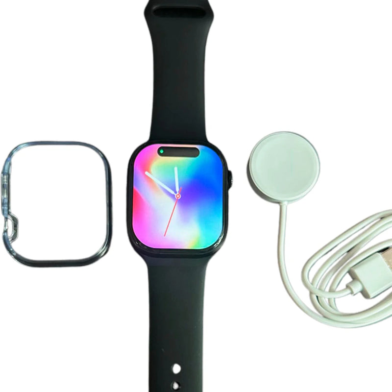 Relógio Smartwatch W10 Mini 42mm Série 10 Microwear preto com tela Amoled, carregador magnético e capa protetora