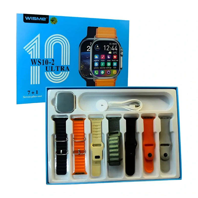 Smartwatch WS10-2 Ultra com kit completo de 7 pulseiras coloridas, carregador magnético e caixa original da Wisme